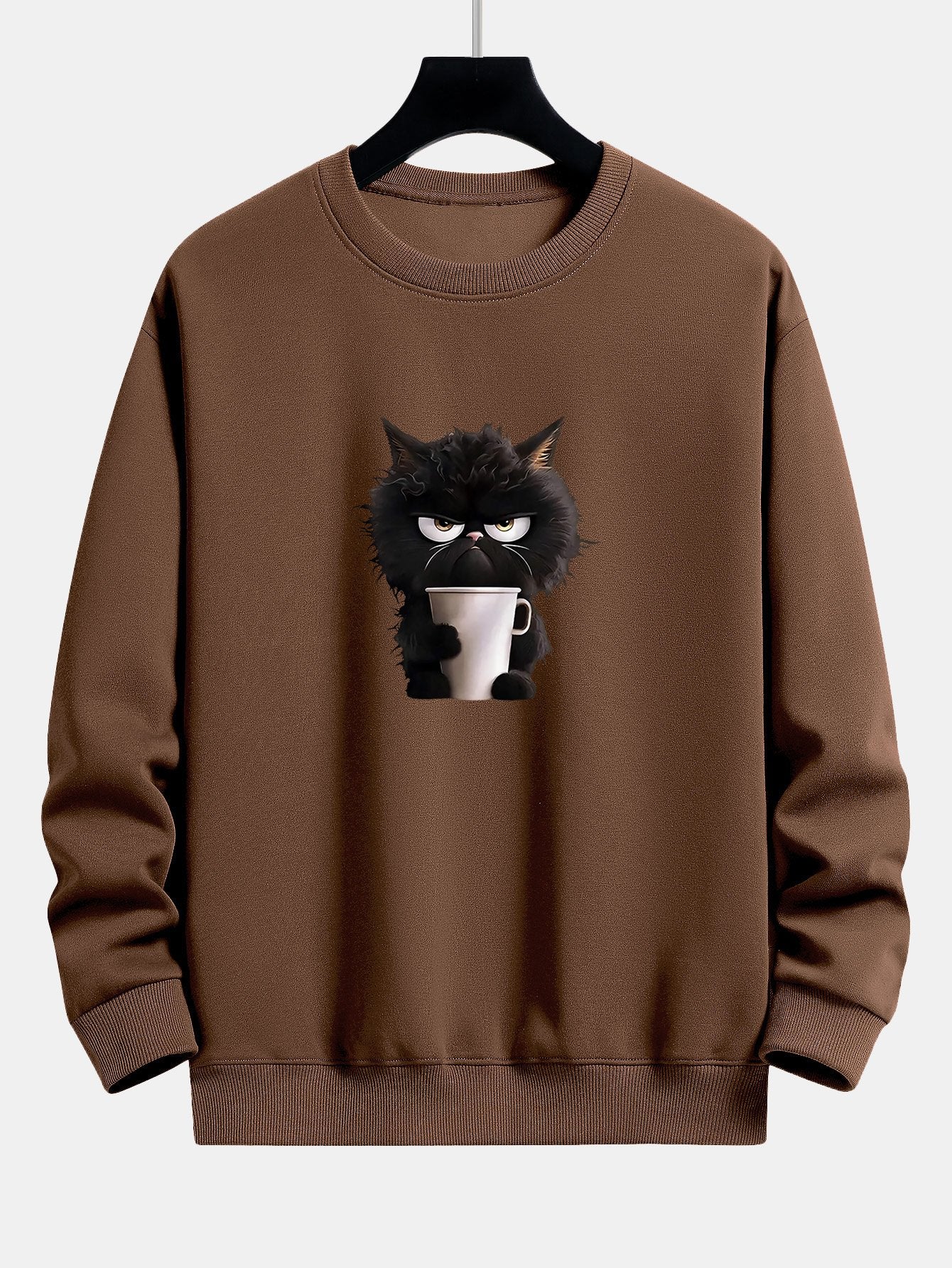 Relaxed Fit Sweatshirt Featuring Black Cat Enjoying Coffee Print