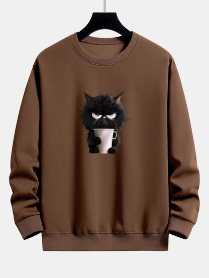 Relaxed Fit Sweatshirt Featuring Black Cat Enjoying Coffee Print