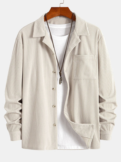 Corduroy Cuban Collar Shirt with Long Sleeves