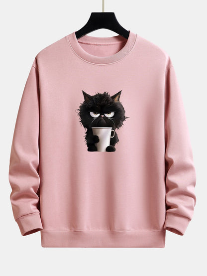 Relaxed Fit Sweatshirt Featuring Black Cat Enjoying Coffee Print
