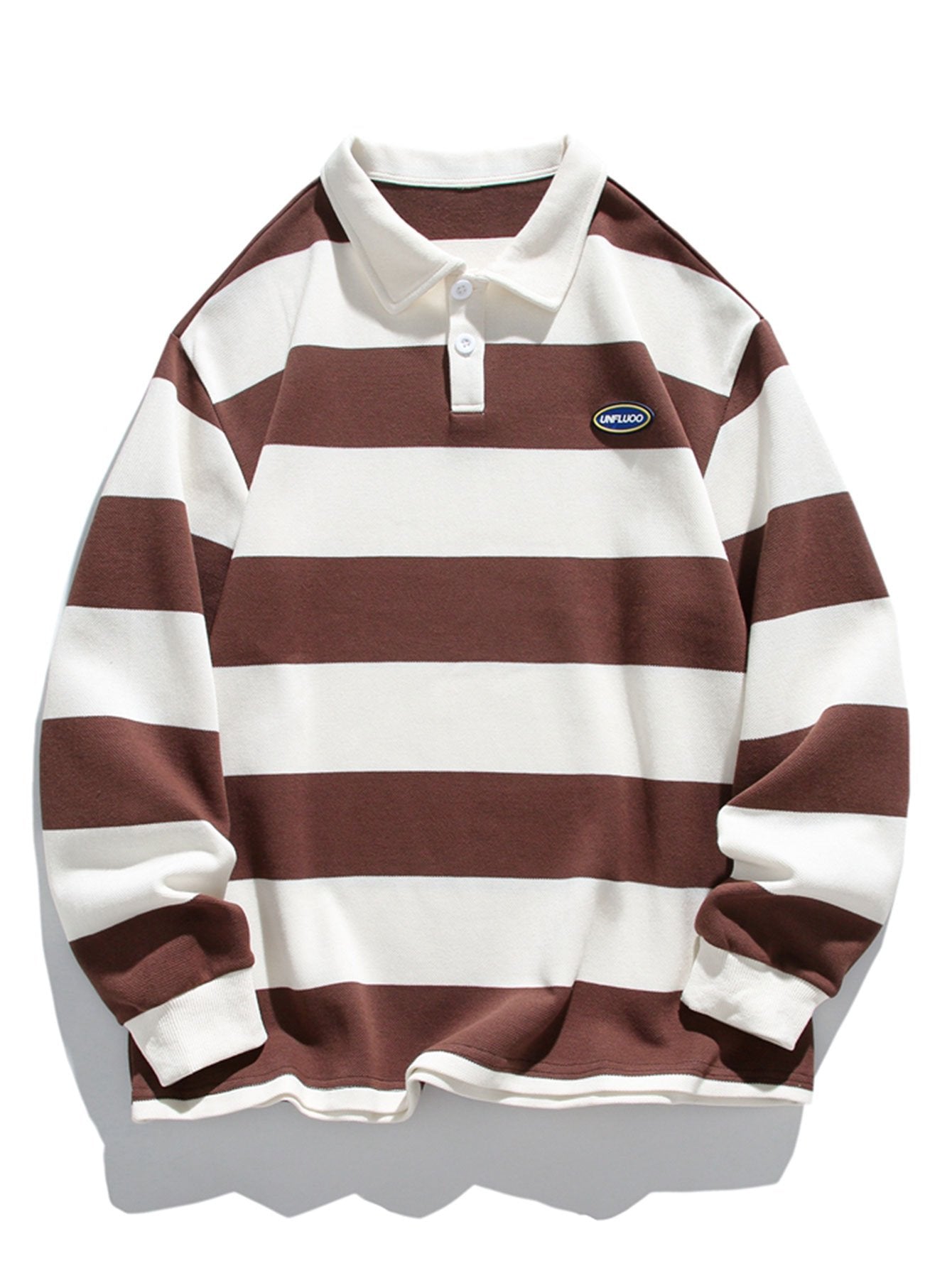 Relaxed Fit Waffle Knit Wide Striped Polo Sweatshirt