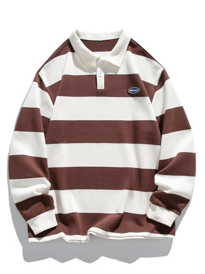 Relaxed Fit Waffle Knit Wide Striped Polo Sweatshirt