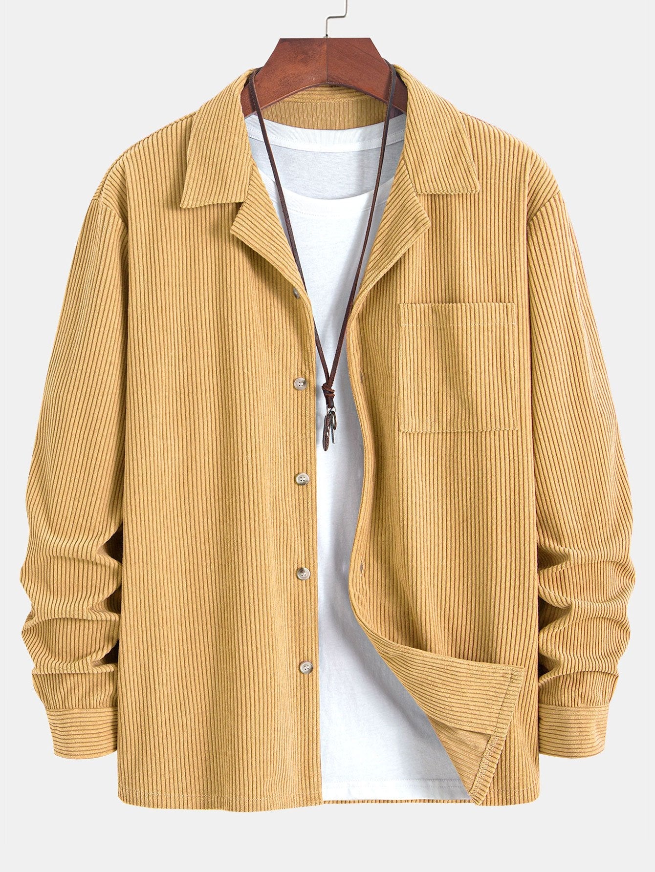 Corduroy Cuban Collar Shirt with Long Sleeves
