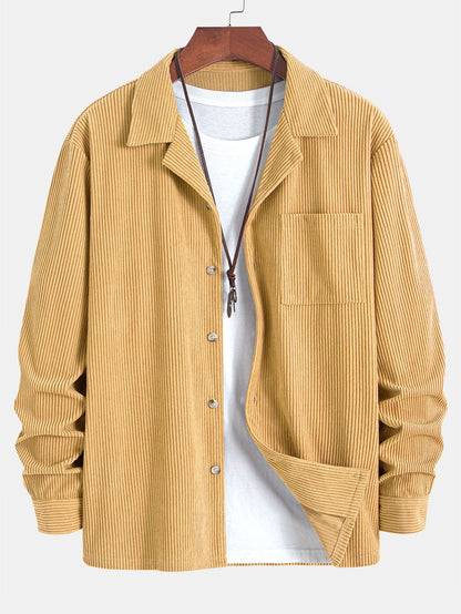 Corduroy Cuban Collar Shirt with Long Sleeves