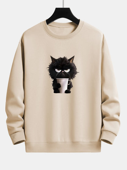 Relaxed Fit Sweatshirt Featuring Black Cat Enjoying Coffee Print