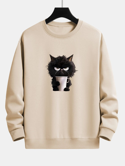 Relaxed Fit Sweatshirt Featuring Black Cat Enjoying Coffee Print