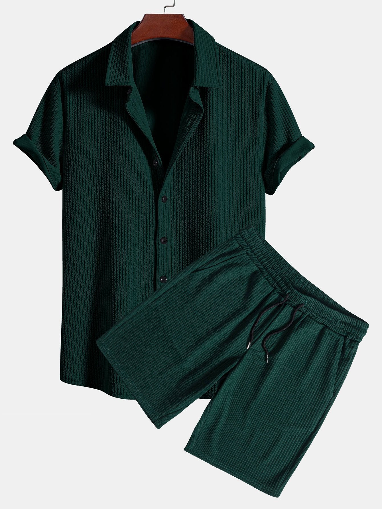 Ribbed Muscle Fit Button-Up Shirt and Shorts Set