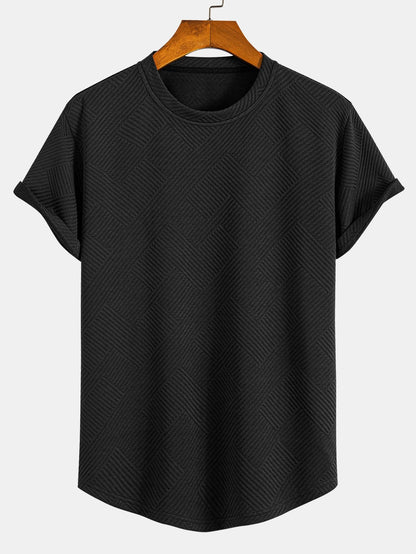 Striped Jacquard Short Sleeve T-Shirt with Arc Hem