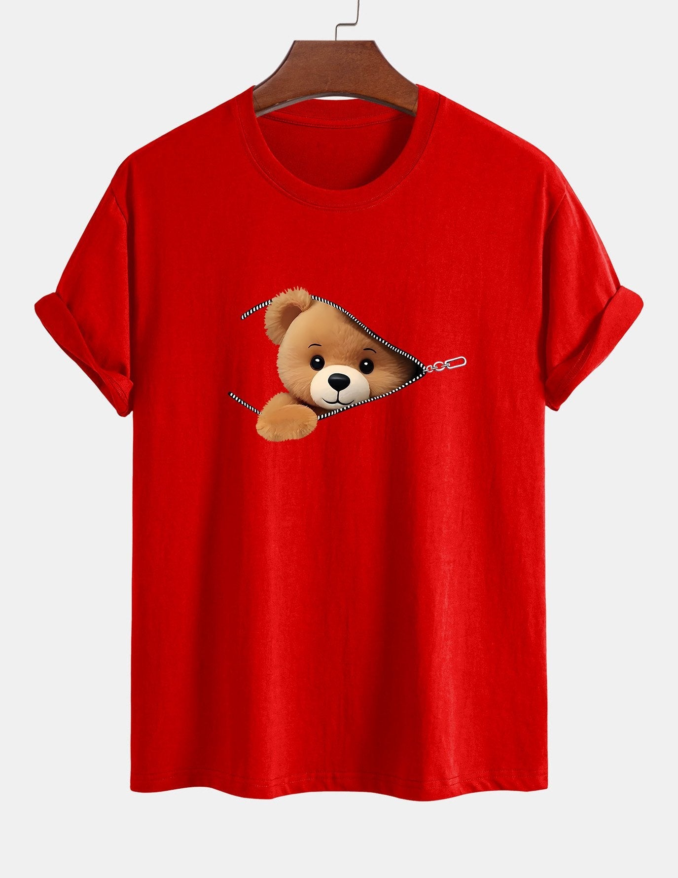Classic Fit Cotton T-Shirt with Zipper and Bear Print