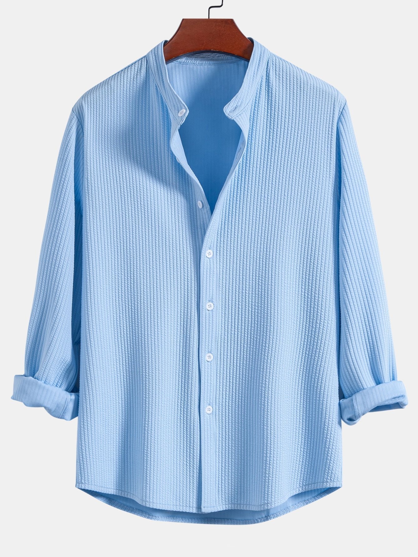 Ribbed Stand Collar Shirt with Long Sleeve and Muscle Fit