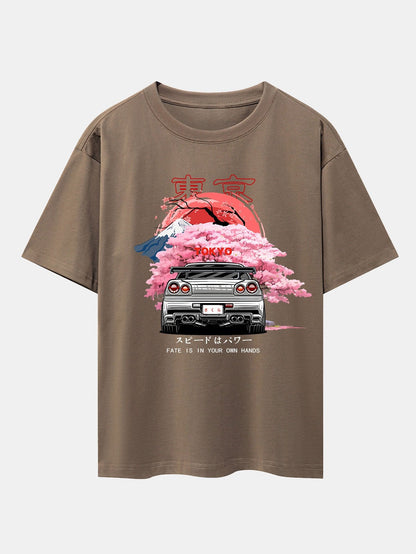 Oversized Drop Shoulder T-Shirt with Tokyo Cherry Blossom Car Print