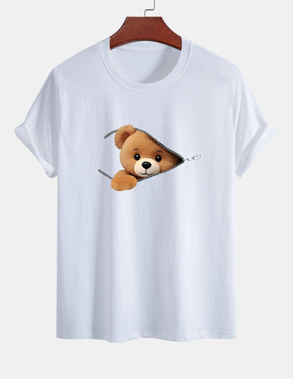 Classic Fit Cotton T-Shirt with Zipper and Bear Print