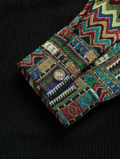 Relaxed Fit Ethnic Geometric Corduroy Patchwork Shirt - Unique Random Pattern Design