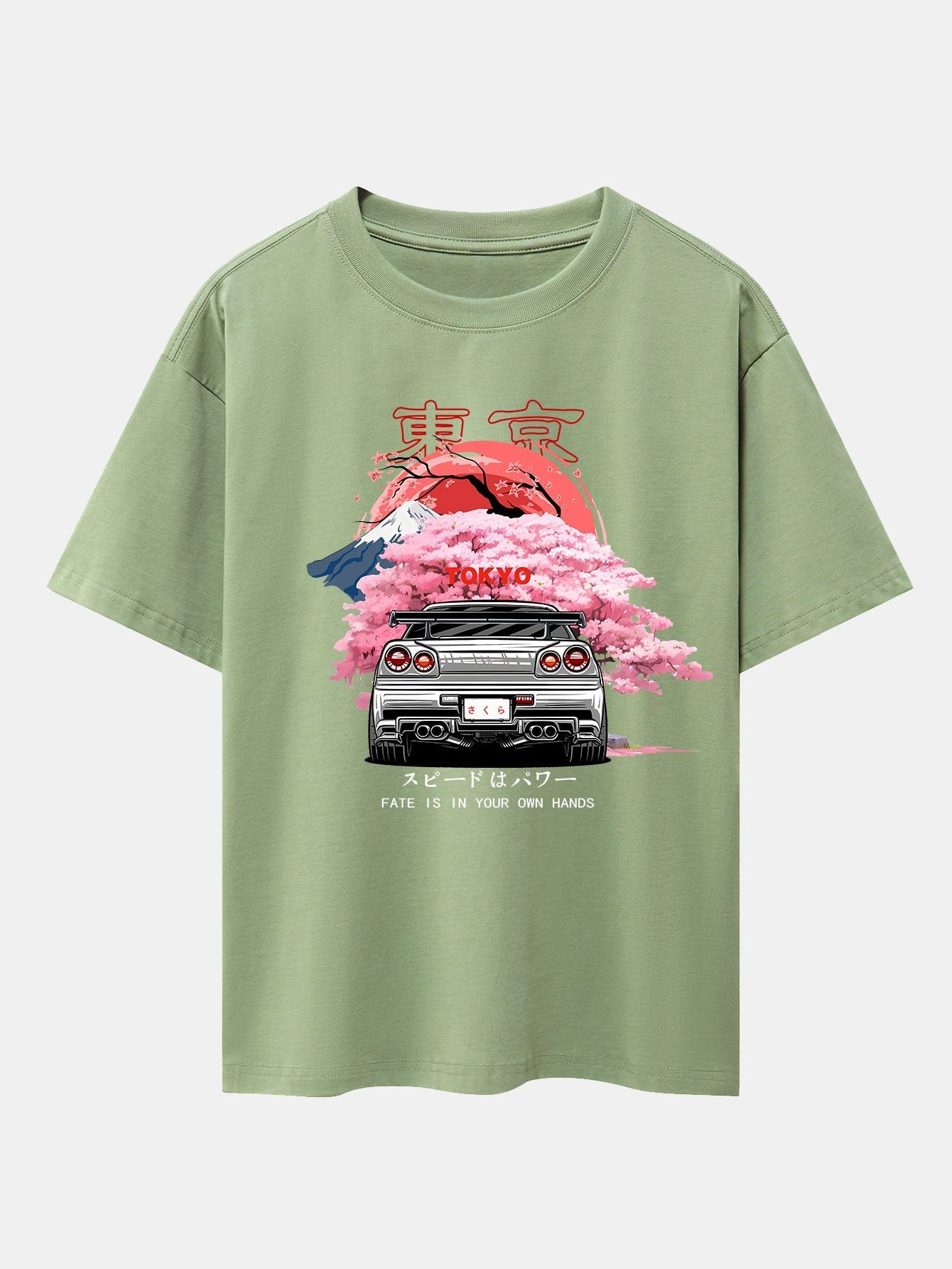 Oversized Drop Shoulder T-Shirt with Tokyo Cherry Blossom Car Print