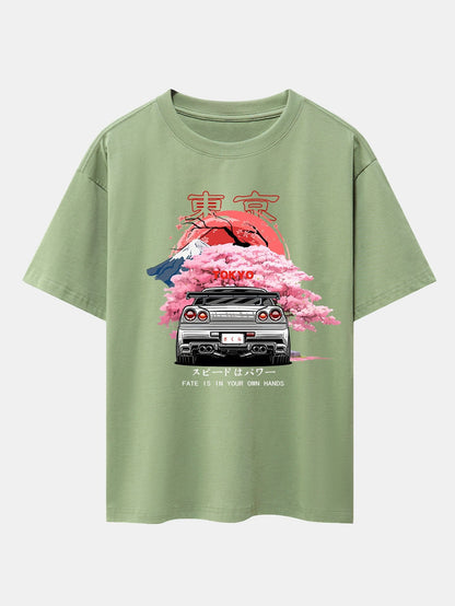 Oversized Drop Shoulder T-Shirt with Tokyo Cherry Blossom Car Print
