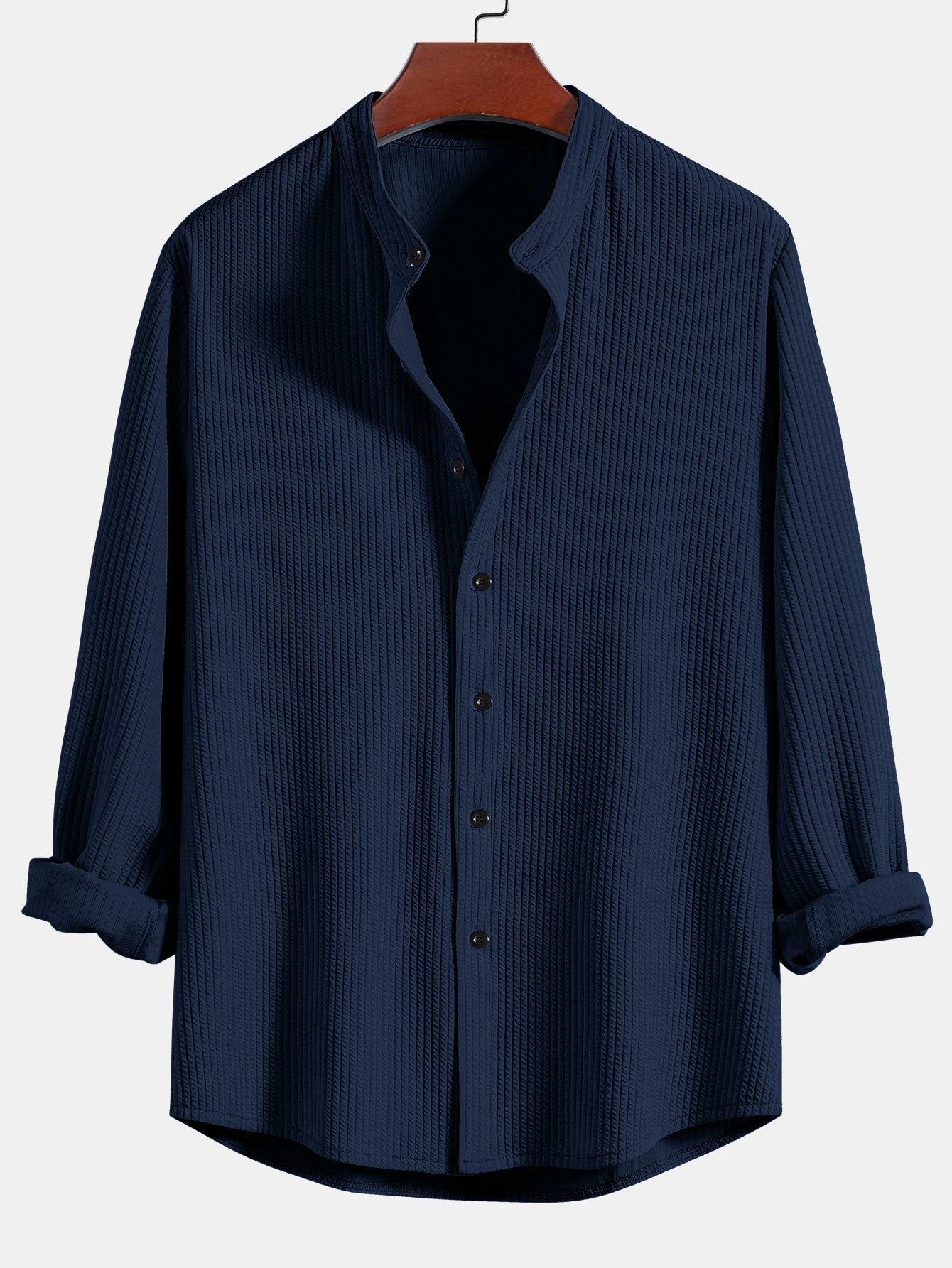 Ribbed Stand Collar Shirt with Long Sleeves and Muscle Fit