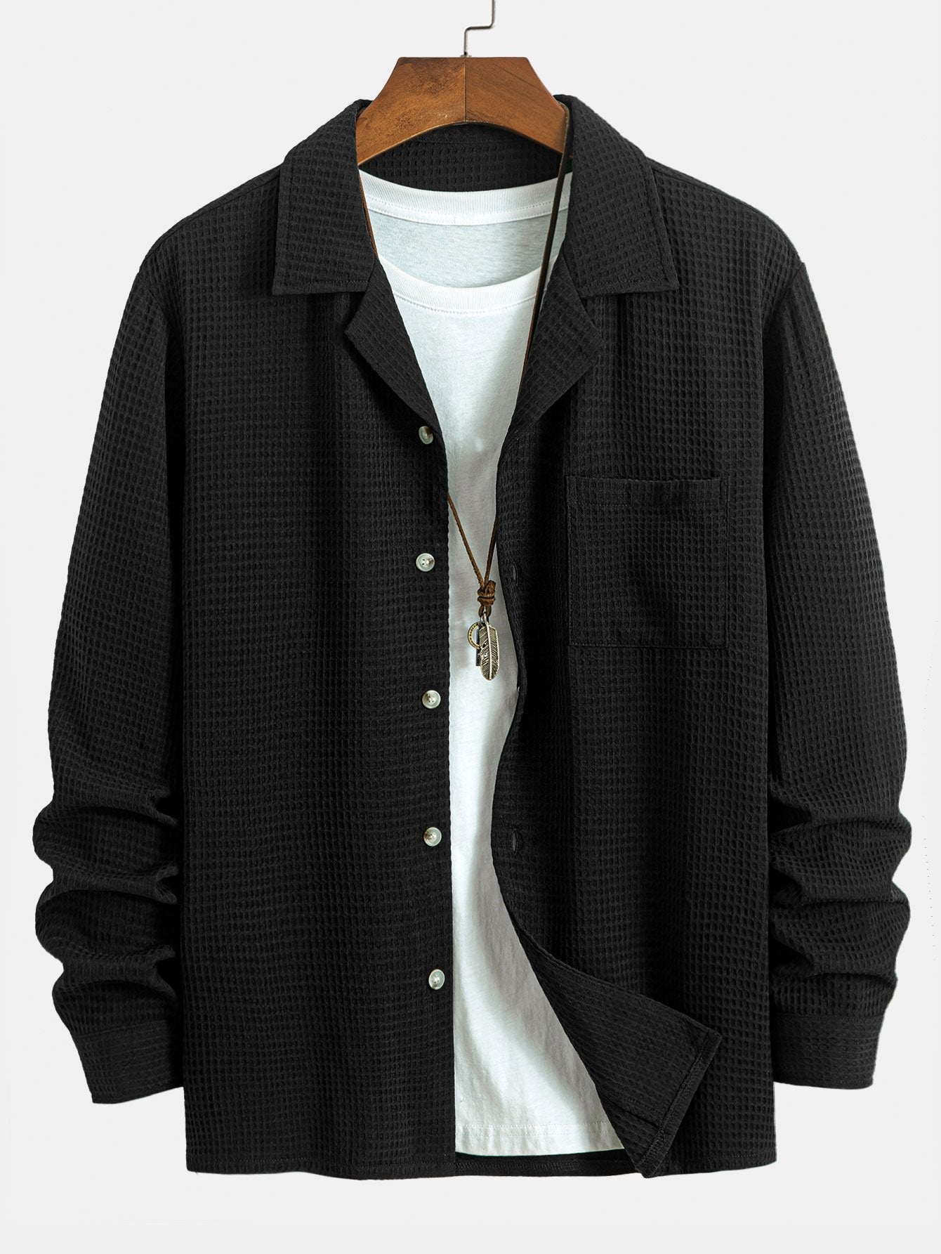 Waffle Knit Long Sleeve Cuban Collar Shirt