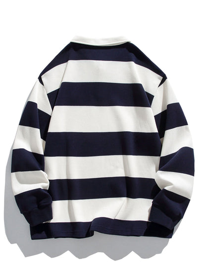 Relaxed Fit Waffle Knit Wide Striped Polo Sweatshirt