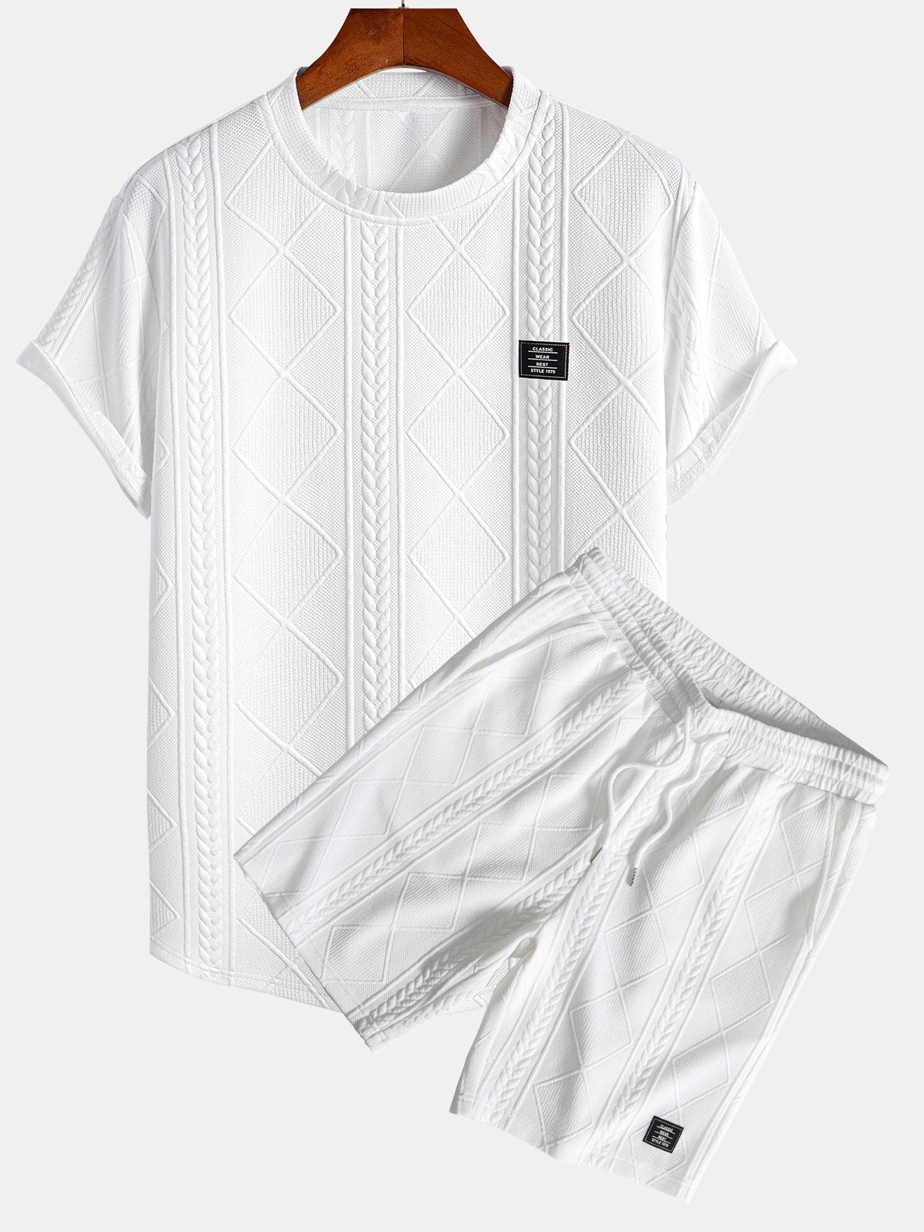 Geometric Jacquard Arc Hem T-Shirt and Shorts Set with Short Sleeves
