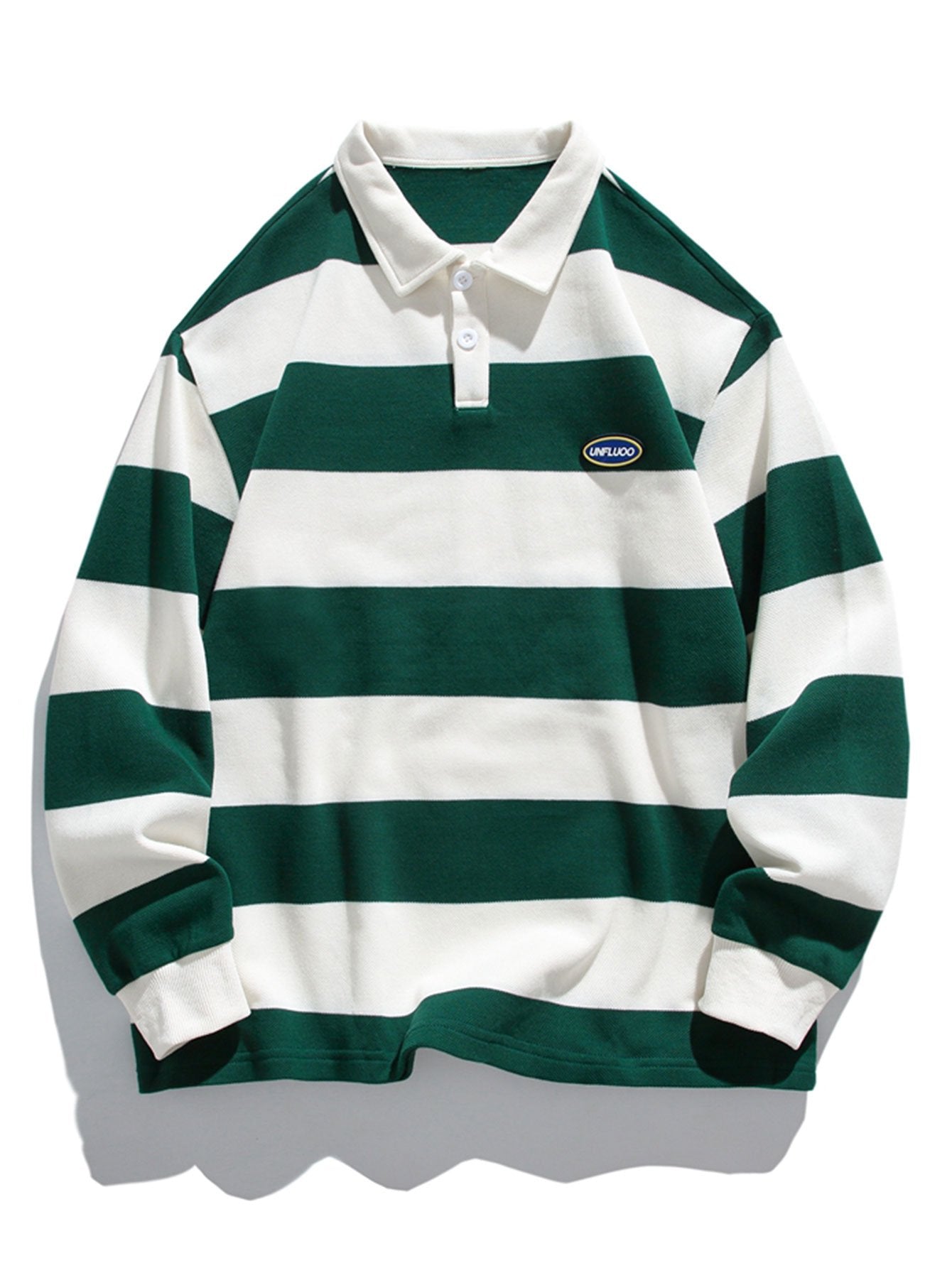 Relaxed Fit Waffle Knit Wide Striped Polo Sweatshirt