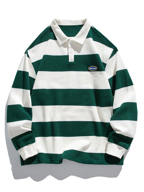 Relaxed Fit Waffle Knit Wide Striped Polo Sweatshirt