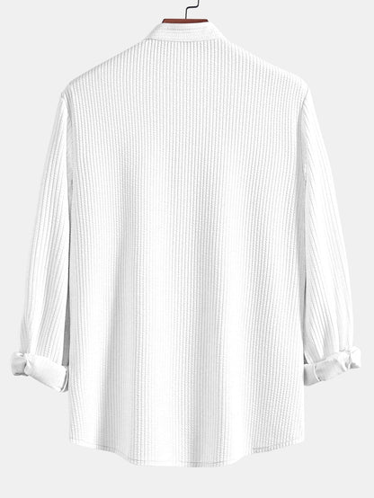 Ribbed Stand Collar Shirt with Long Sleeve and Muscle Fit