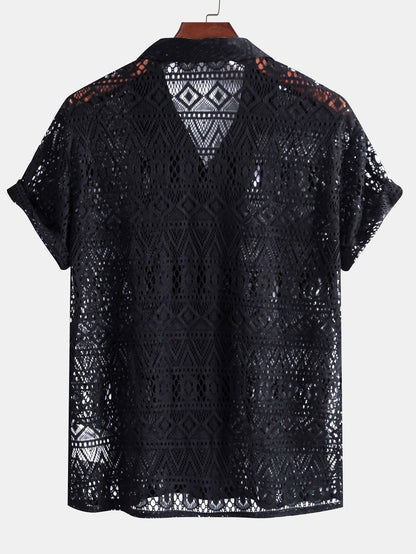 Short Sleeve Cuban Shirt with Geometric Texture