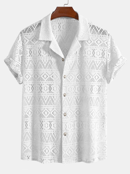 Short Sleeve Cuban Shirt with Geometric Texture