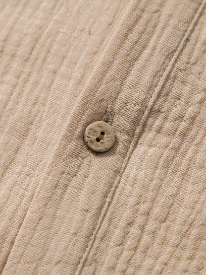 Wrinkled Cotton Henley Shirt with Half Open Placket