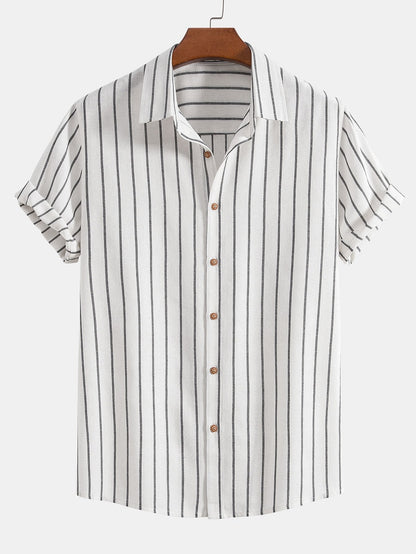 Striped Button-Up Shirt in Cotton Blend with Linen Drawstring Shorts