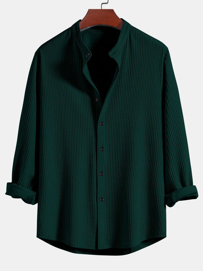 Ribbed Stand Collar Shirt with Long Sleeves and Muscle Fit