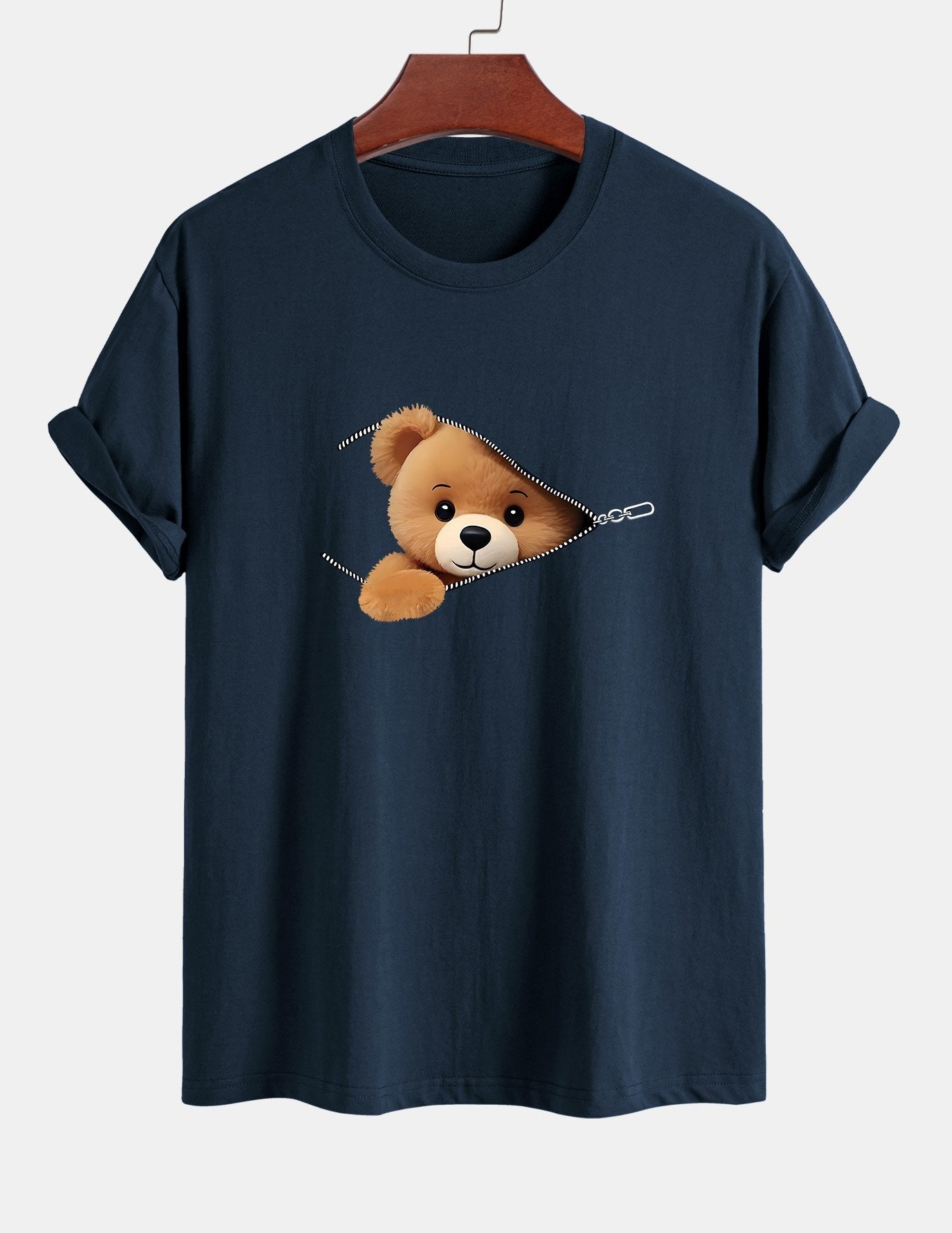 Classic Fit Cotton T-Shirt with Zipper and Bear Print