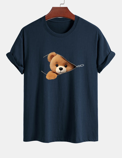 Classic Fit Cotton T-Shirt with Zipper and Bear Print