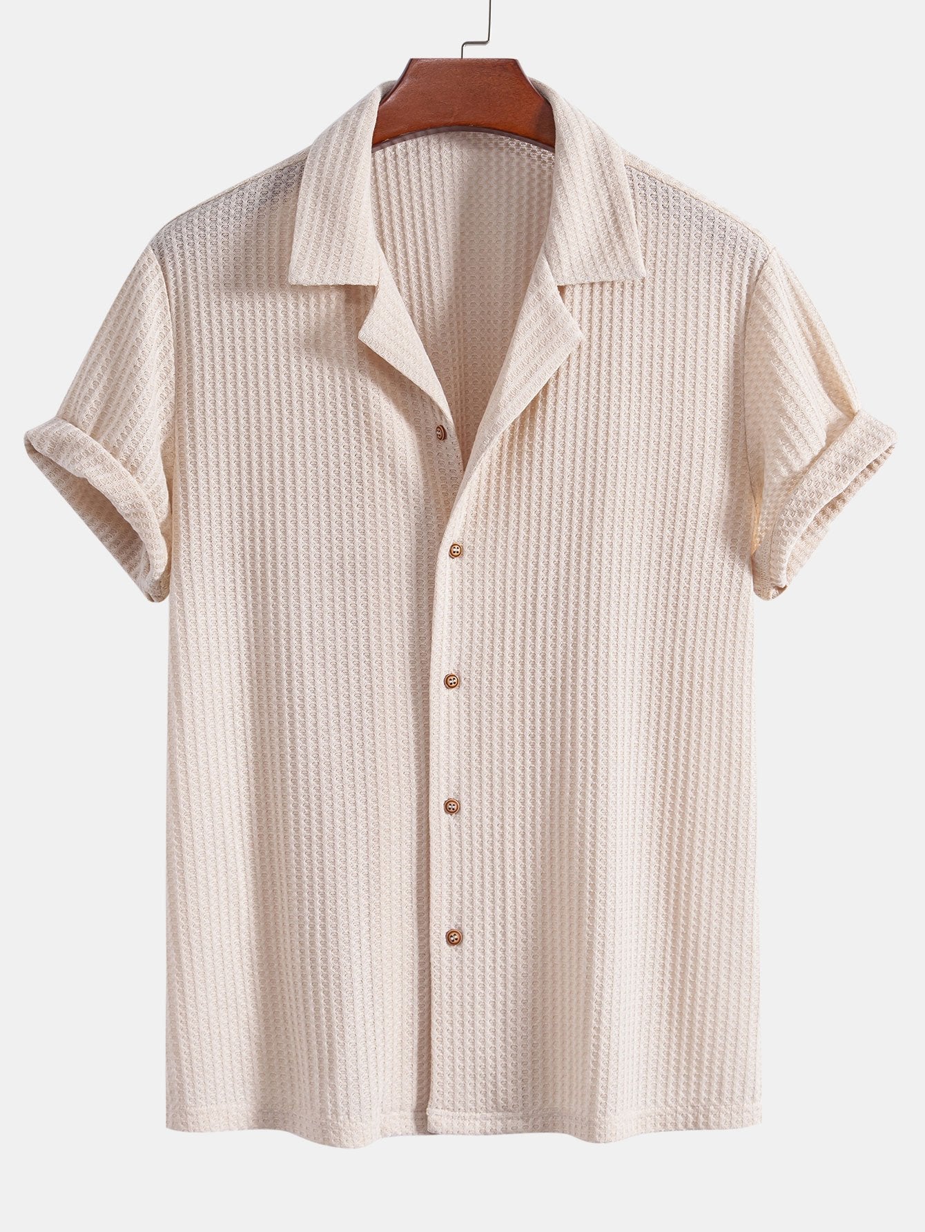 Cuban Collar Short Sleeve Waffle Knit Shirt with Straight Leg Linen Trousers