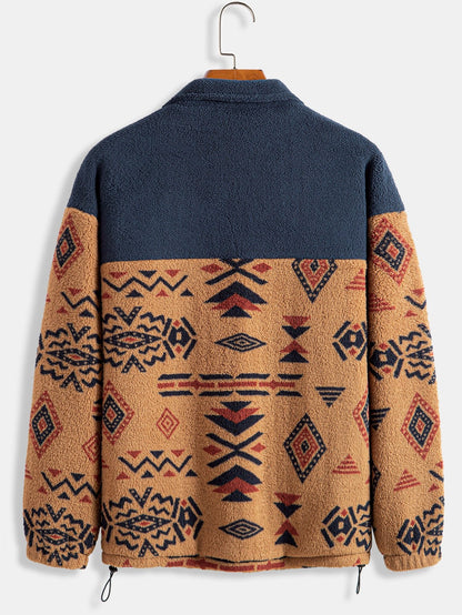 Aztec Patterned Patchwork Teddy Fleece Jacket