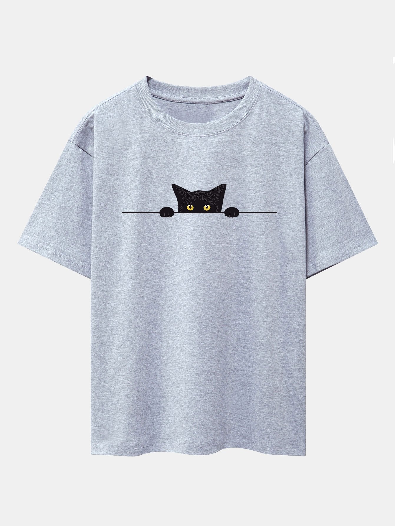 Oversized Drop Shoulder T-Shirt with Black Cat Print