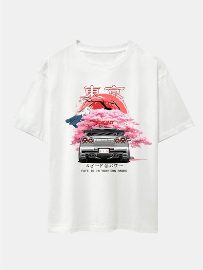 Oversized Drop Shoulder T-Shirt with Tokyo Cherry Blossom Car Print