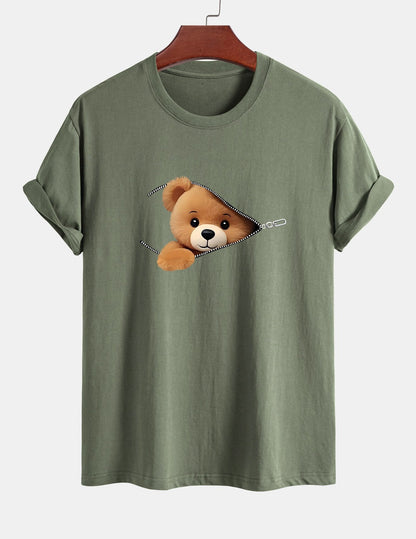 Classic Fit Cotton T-Shirt with Zipper and Bear Print