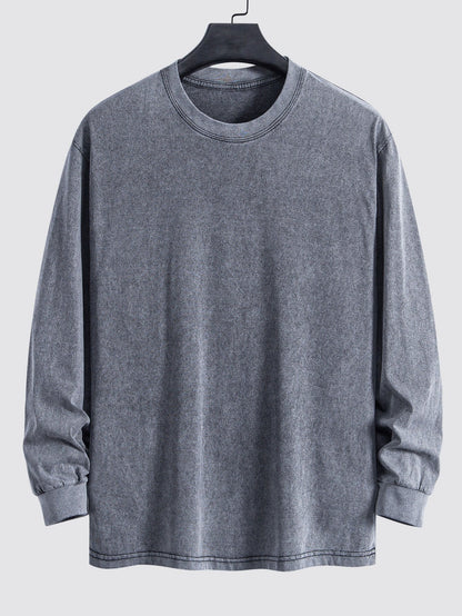 Relaxed Fit Long Sleeve Distressed Wash T-Shirt