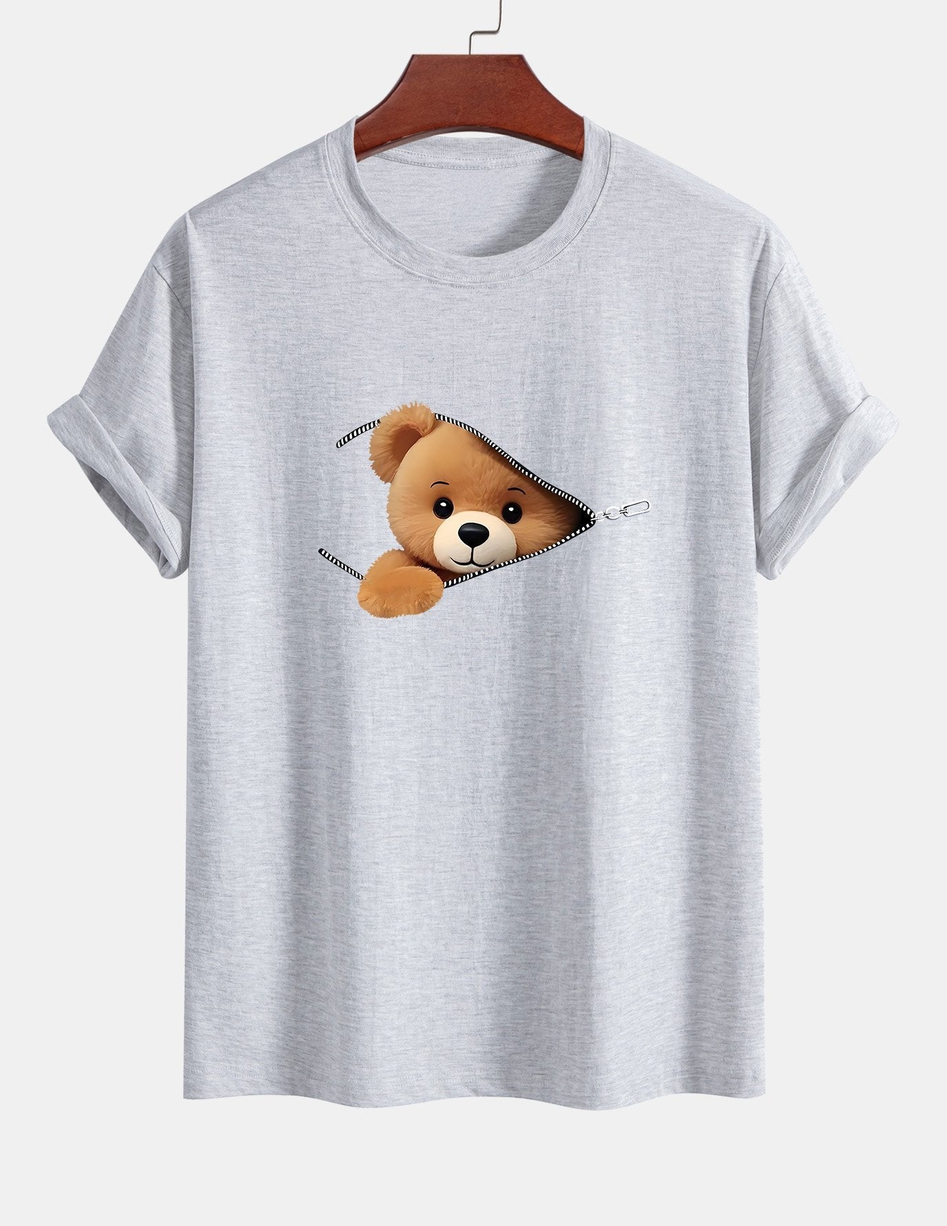 Classic Fit Cotton T-Shirt with Zipper and Bear Print