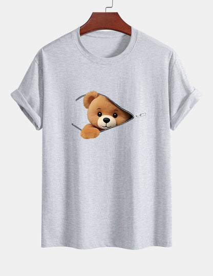 Classic Fit Cotton T-Shirt with Zipper and Bear Print