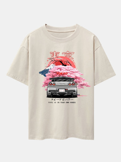 Oversized Drop Shoulder T-Shirt with Tokyo Cherry Blossom Car Print
