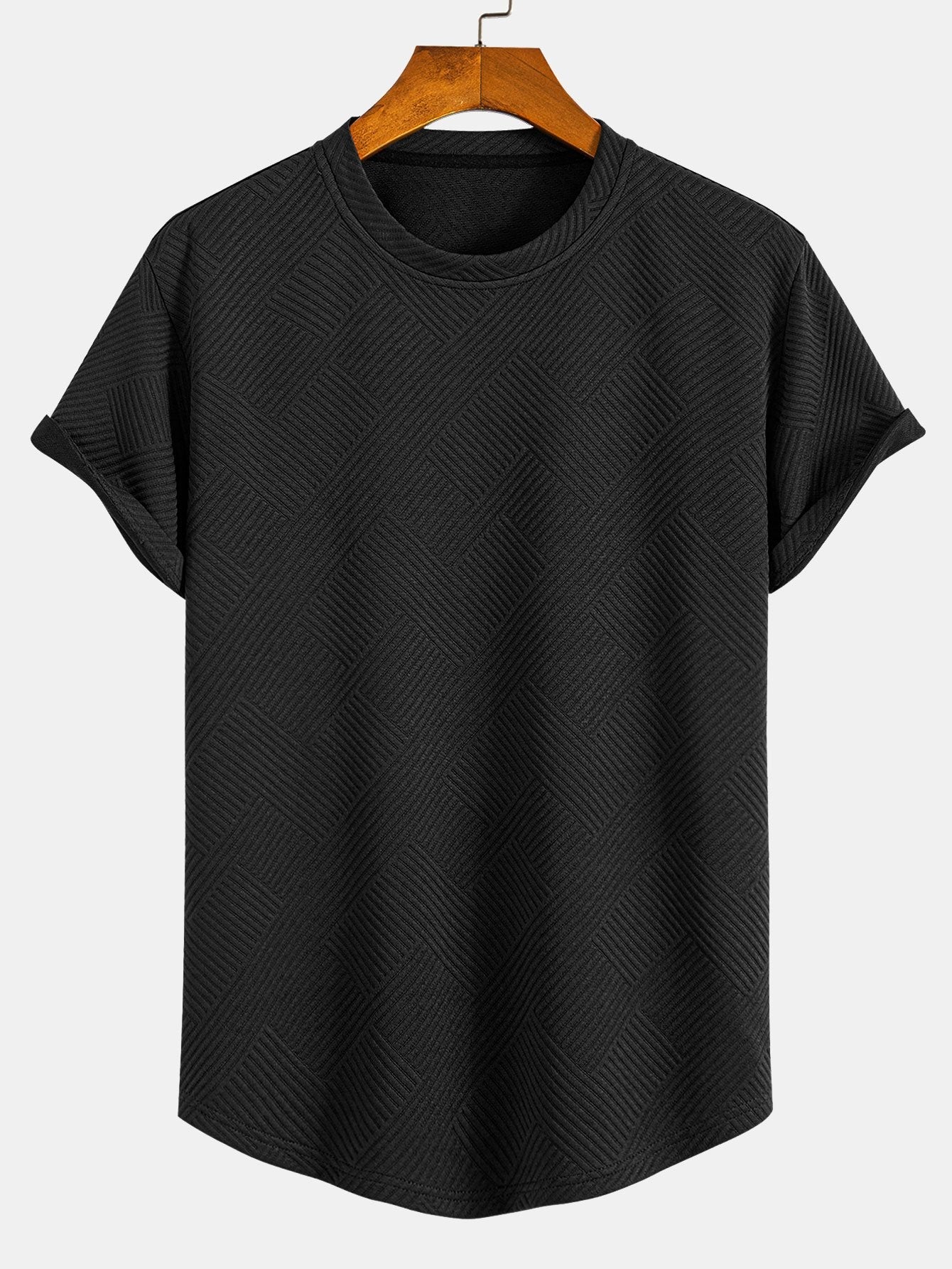 Striped Short Sleeve Jacquard T-Shirt with Arc Hem