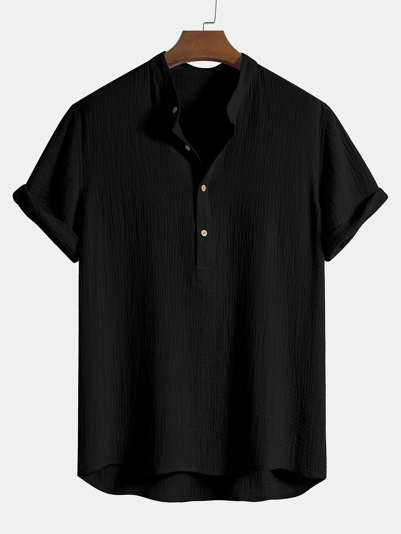 Wrinkled Cotton Henley Shirt with Half Open Placket