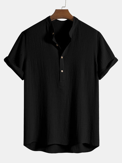 Wrinkled Cotton Henley Shirt with Half Open Placket