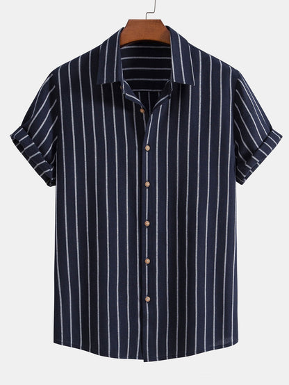 Striped Cotton Blend Button-Up Shirt with Straight-Leg Linen Trousers