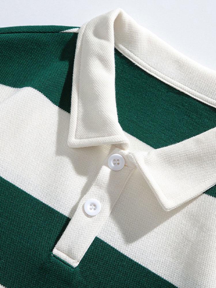 Relaxed Fit Waffle Knit Wide Striped Polo Sweatshirt