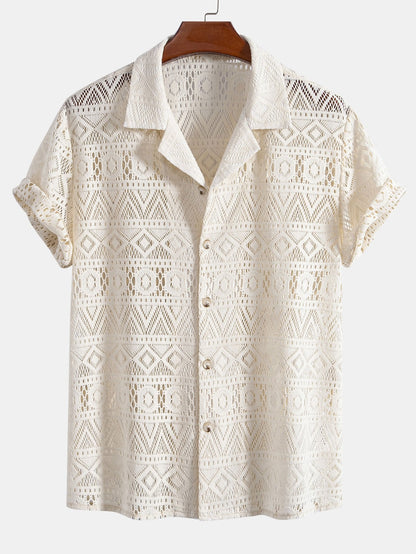 Short Sleeve Cuban Shirt with Geometric Texture