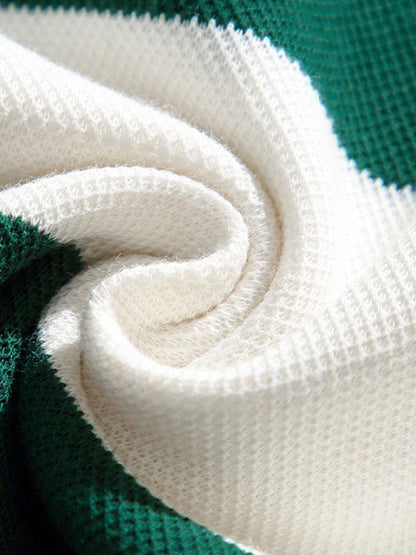 Relaxed Fit Waffle Knit Wide Striped Polo Sweatshirt