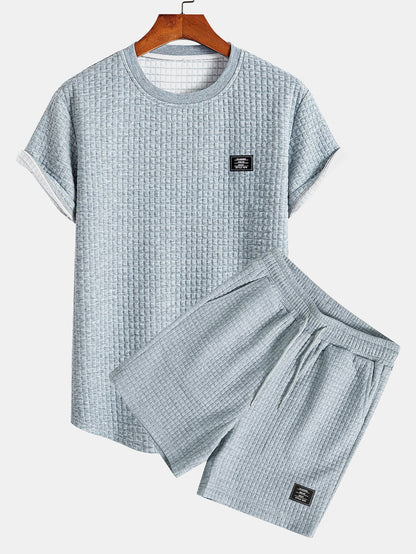 Waffle Knit Short Sleeve T-Shirt with Arc Hem & Matching Shorts